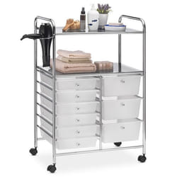 Caisson sur roulettes MARITA chariot 9 tiroirs en plastique blanc transparent et 2 étagères rangement salle de bain en métal