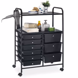 Caisson sur roulettes MARITA chariot 9 tiroirs en plastique noir et 2 étagères rangement salle de bain en métal laqué noir