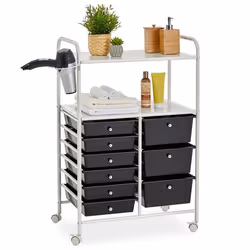 Caisson sur roulettes MARITA chariot 9 tiroirs en plastique noir et 2 étagères rangement salle de bain en métal blanc