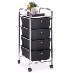 Caisson sur roulettes GINA chariot avec 4 tiroirs en plastique noir et 1 étagère rangement salle de bain en métal chromé