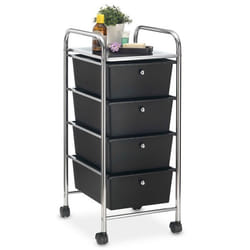 Caisson sur roulettes GINA chariot avec 4 tiroirs en plastique noir et 1 étagère rangement salle de bain en métal chromé