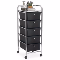 Caisson sur roulettes GINA chariot avec 5 tiroirs en plastique noir et 1 étagère rangement salle de bain en métal chromé
