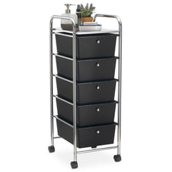 Caisson sur roulettes GINA chariot avec 5 tiroirs en plastique noir et 1 étagère rangement salle de bain en métal chromé