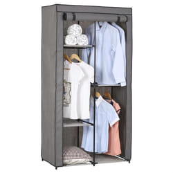 Garde-robe ADAM en tissu gris avec 2 tringles à vêtements et 3 étagères