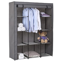 Garde-robe en tissu STEVEN structure en métal 9 tablettes repositionnables pour 7 possibilités daménagement coloris gris