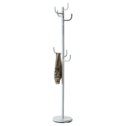Porte-manteaux MILA portant pour vêtements sur pied hauteur 174 cm socle rond et 8 crochets meuble dentrée en métal laqué blanc