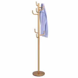 Porte-manteaux MILA portant pour vêtements sur pied hauteur 174 cm socle rond et 8 crochets meuble dentrée en métal laqué or