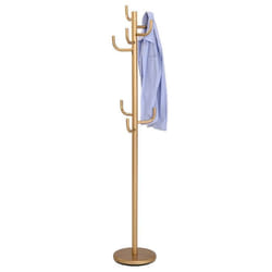Porte-manteaux MILA portant pour vêtements sur pied hauteur 174 cm socle rond et 8 crochets meuble dentrée en métal laqué or