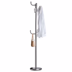Porte-manteaux MILA portant pour vêtements sur pied socle rond et 8 crochets dont 3 à mi-hauteur meuble dentrée en métal chro ...