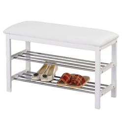 Meuble à chaussures SANA banc avec assise et 2 étagères rangement pour 8 paires en bois massif de coloris blanc