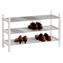 Etagère à chaussures RESA avec 3 tablettes pour 12 paires de chaussures en pin massif lasuré blanc et métal