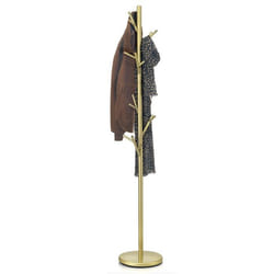 Porte-manteaux ZENO portant à vêtements sur pied en forme darbre avec 6 crochets sur différentes hauteurs en métal laqué doré