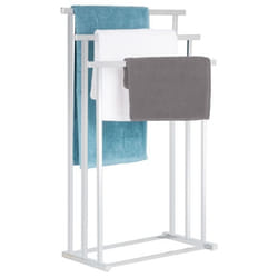 Porte-serviettes sur pied MATTIA portant pour vêtement et linge de salle de bain avec 3 niveaux détendage en métal chromé
