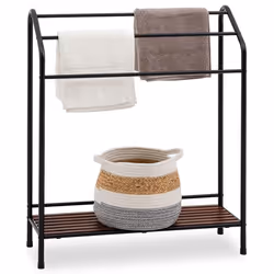Porte-serviettes LEANDRO support à serviettes sur pied pour salle de bain en métal laqué noir et tablette en pin