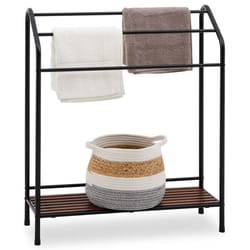 Porte-serviettes LEANDRO support à serviettes sur pied pour salle de bain en métal laqué noir et tablette en pin