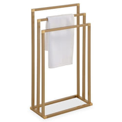 Porte-serviettes sur pied KUNO portant pour vêtements et linge de salle de bain avec 3 niveaux détendage structure en métal doré