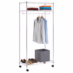 Portant à vêtements BRINDISI penderie simple sur roulettes vestiaire mobile avec 1 barre et 3 tablettes en métal chromé