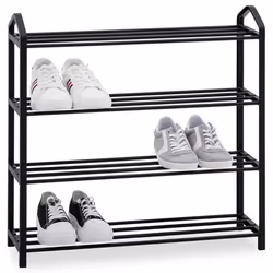 Étagère à chaussures TRALEE à quatre niveaux meuble rangement pour chaussures 12 à 16 paires en métal et plastique noir
