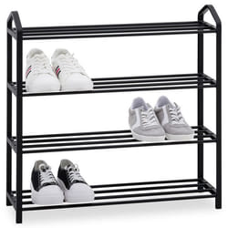 Étagère à chaussures TRALEE à quatre niveaux meuble rangement pour chaussures 12 à 16 paires en métal et plastique noir