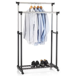 Portant à vêtements GROSSO penderie double sur roulettes vestiaire mobile 2 barres de hauteur réglable et 1 tablette chromé et