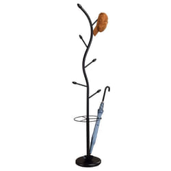 Porte-manteaux TRIANA portant à vêtements sur pied en forme darbre avec 6 crochets et un porte parapluie métal laqué noir et bois