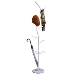 Porte-manteaux TRIANA portant à vêtements sur pied en forme darbre avec 6 crochets et un porte parapluie métal laqué blanc et
