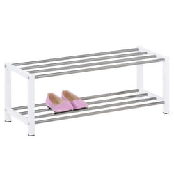 Étagère à chaussures DUBLIN rangement porte-chaussures avec 2 niveaux pour 8 paires en métal chromé et laqué blanc
