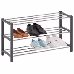 Étagère à chaussures DUBLIN rangement porte-chaussures avec 3 niveaux pour 12 paires en métal chromé et laqué gris
