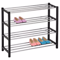 Etagère à chaussures DUBLIN rangement porte-chaussures avec 4 niveaux pour 16 paires en métal chromé et laqué noir