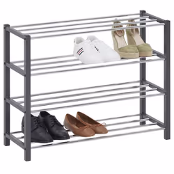 Etagère à chaussures DUBLIN rangement porte-chaussures avec 4 niveaux pour 16 paires en métal chromé et laqué gris