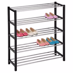 Etagère à chaussures DUBLIN rangement porte-chaussures avec 5 niveaux pour 20 paires en métal chromé et laqué noir
