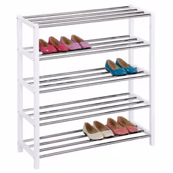 Etagère à chaussures DUBLIN rangement porte-chaussures avec 5 niveaux pour 20 paires en métal chromé et laqué noir
