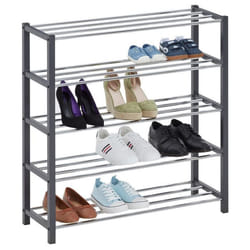 Etagère à chaussures DUBLIN rangement porte-chaussures avec 5 niveaux pour 20 paires en métal chromé et laqué gris