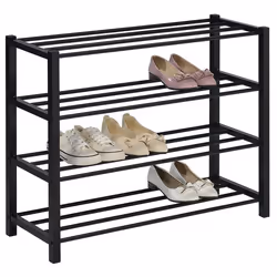 Étagère à chaussures NAVAN rangement porte-chaussures avec 4 niveaux en métal laqué noir pour 16 paires de chaussures