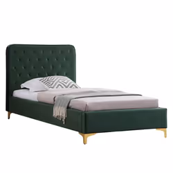 Lit simple GLAMOUR couchage 90x190 cm avec sommier et pieds en métal doré style baroque revêtement en velours capitonné vert