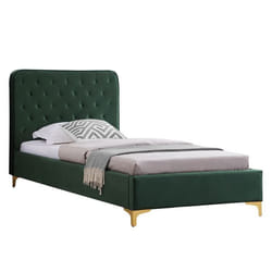 Lit simple GLAMOUR couchage 90x190 cm avec sommier et pieds en métal doré style baroque revêtement en velours capitonné vert
