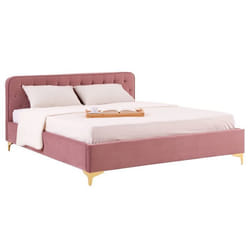 Lit double GLAMOUR couchage 140x190 cm avec sommier et pieds en métal doré style baroque revêtement en velours capitonné rose