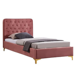 Lit simple GLAMOUR couchage 90x190 cm avec sommier et pieds en métal doré style baroque revêtement en velours capitonné rose