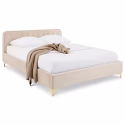 Lit double GLAMOUR couchage 140x190 cm 2 places revêtement capitonné en velours blanc crème avec sommier