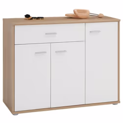 Meuble à chaussures CAMILLE commode meuble de rangement avec 1 tiroir et 3 portes en mélaminé décor chêne sonoma et blanc mat