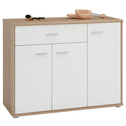Meuble à chaussures CAMILLE commode meuble de rangement avec 1 tiroir et 3 portes en mélaminé décor chêne sonoma et blanc mat