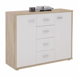 Buffet salle à manger ELODIE L 89 cm coloris chêne sonoma et blanc avec 4 tiroirs et 2 portes bahut bas