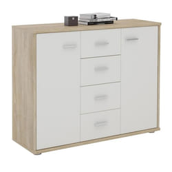 Buffet salle à manger ELODIE L 89 cm coloris chêne sonoma et blanc avec 4 tiroirs et 2 portes bahut bas