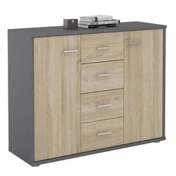 Buffet ELODIE commode meuble de rangement avec 4 tiroirs et 2 portes en mélaminé gris mat et décor chêne sonoma