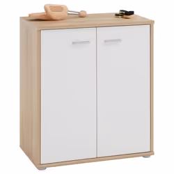 Meuble à chaussures OLYMPE commode meuble de rangement avec 2 portes en mélaminé décor chêne sonoma et blanc mat