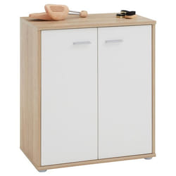 Meuble à chaussures OLYMPE commode meuble de rangement avec 2 portes en mélaminé décor chêne sonoma et blanc mat