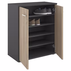Meuble à chaussures OLYMPE commode meuble de rangement avec 2 portes en mélaminé gris mat et décor chêne sonoma