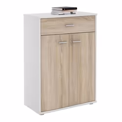 Buffet CALAIS commode meuble de rangement avec 1 tiroir et 2 portes en mélaminé blanc mat et décor chêne sonoma