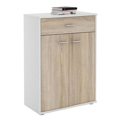 Buffet CALAIS commode meuble de rangement avec 1 tiroir et 2 portes en mélaminé blanc mat et décor chêne sonoma