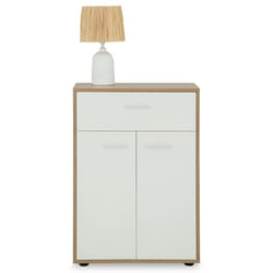 Buffet CALAIS commode meuble de rangement avec 1 tiroir et 2 portes en mélaminé décor chêne sonoma et blanc mat